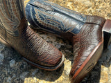 Mens Dark Brown Shoulder Bull Leather Boots With Blue Shaft