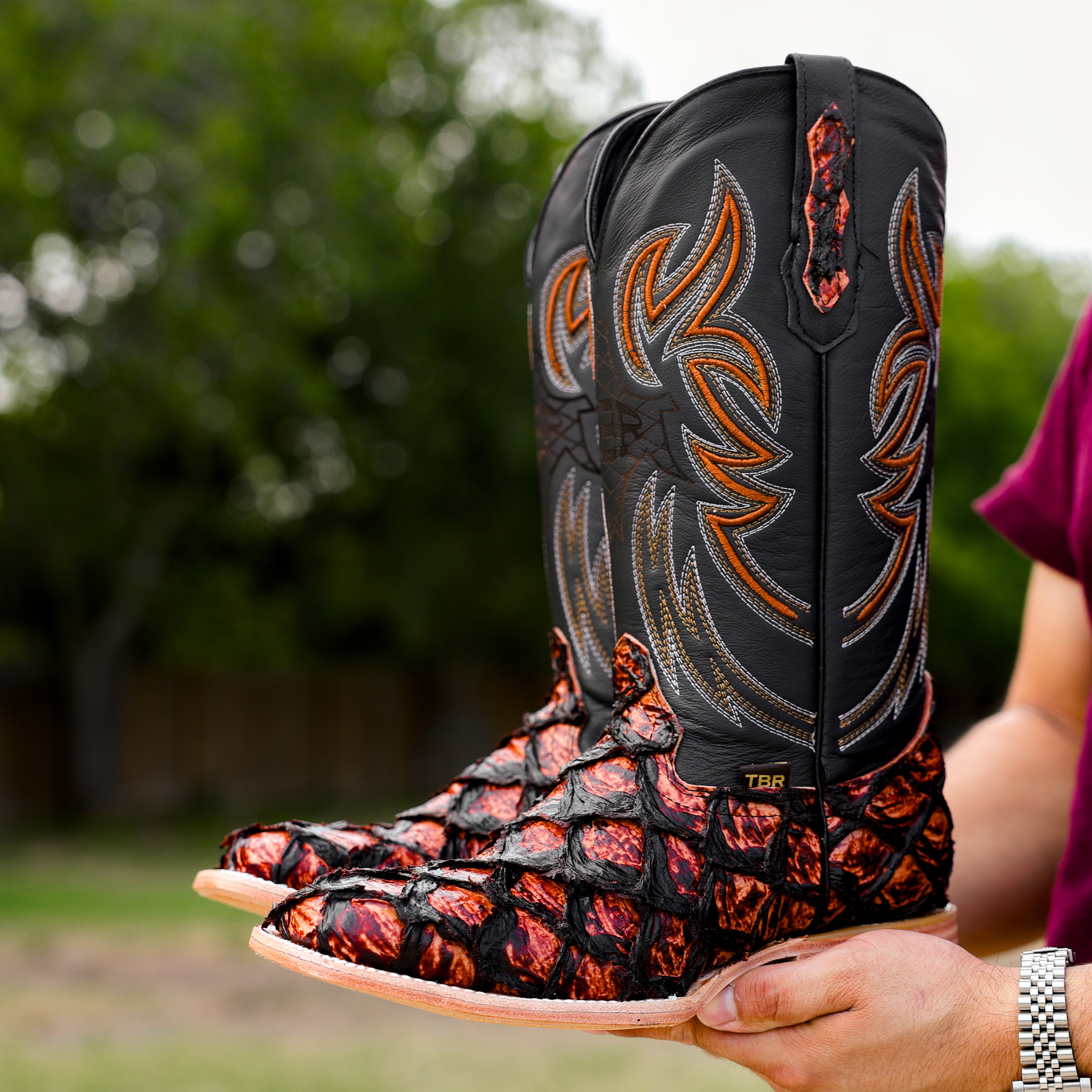 Cognac Jumbo Pirarucu Leather Boots - Square Toe – Texas Boot Ranch