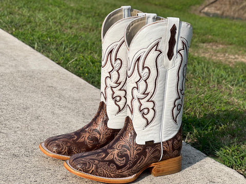 Men’s Brown Hand-Tooled Leather Boots With White Shaft
