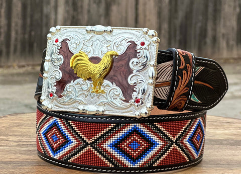 Hand-Tooled Artesanal Tabs With Brown and Blue  Beaded Leather Belt
