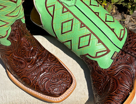 Men’s Brown Hand-Tooled Leather Boots/ Green Shaft-Square Toe