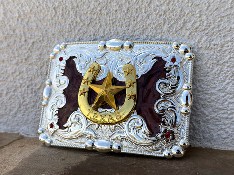 Brown and Silver Plated Buckle With Gold Star