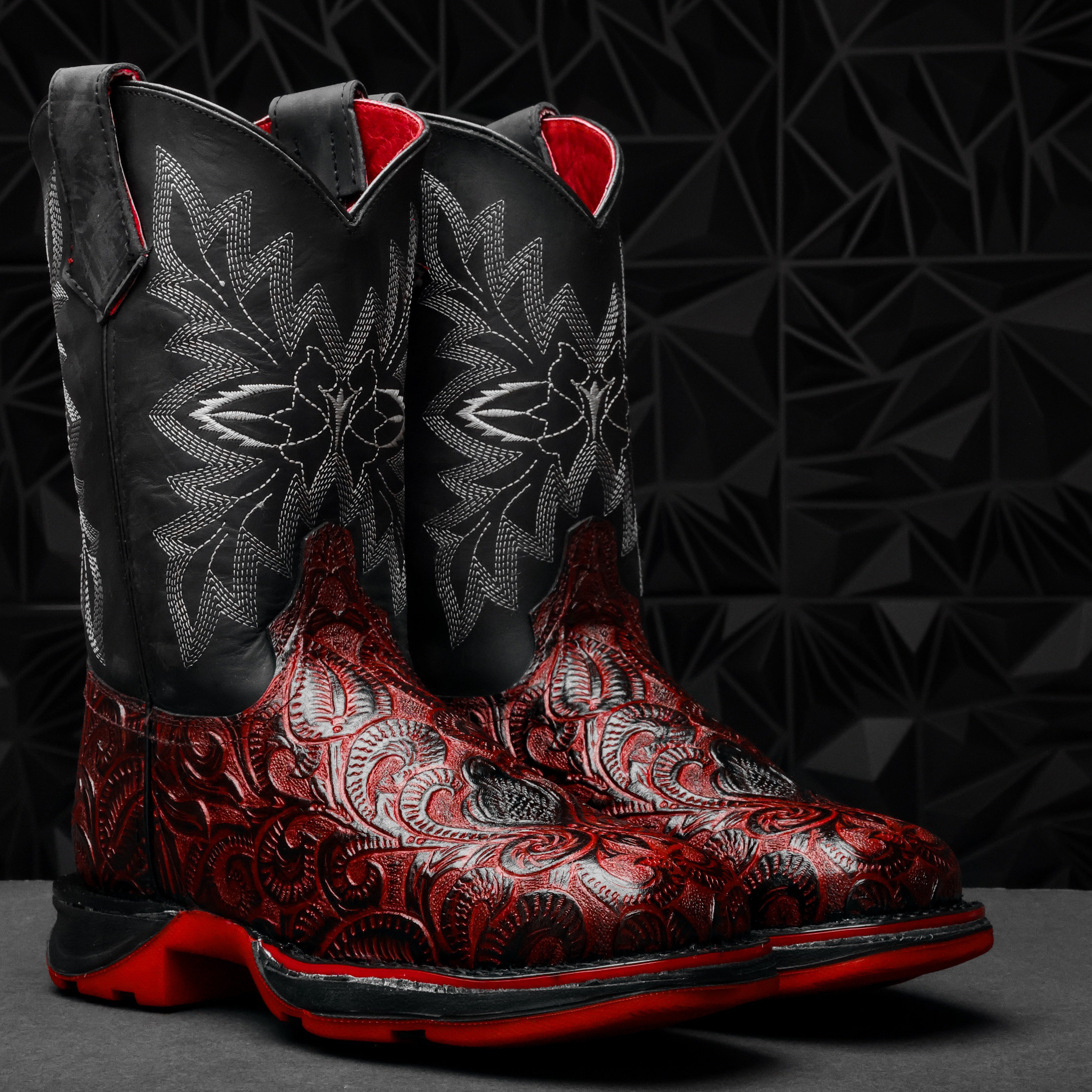 Black Cherry Hand-Tooled Leather Boots With 3D Lightweight Sole