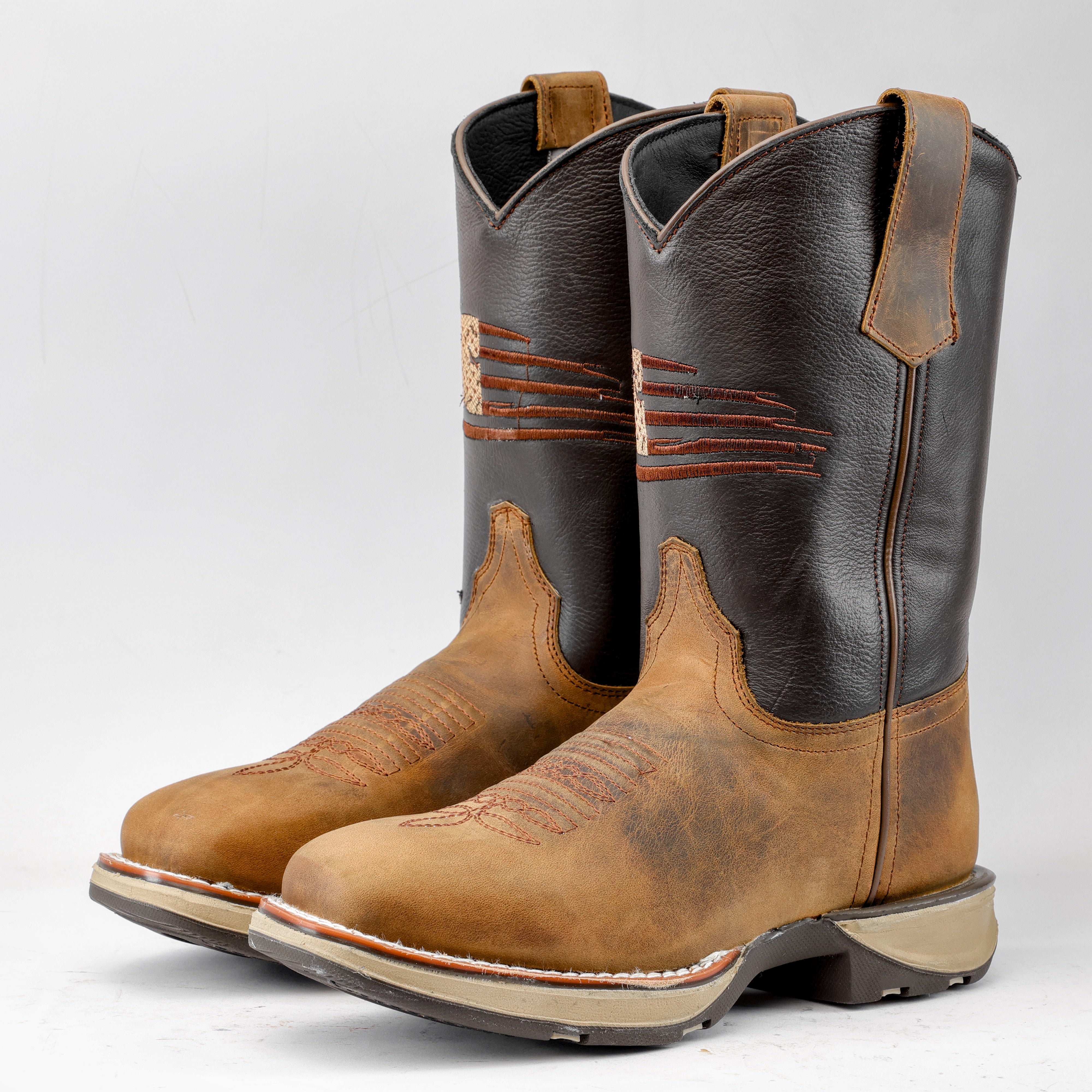 Varde77 U.S. OIL LEATHER WORK BOOTS 本革 Distressed Brown “American Flag” Leather Work Boots - Square Toe