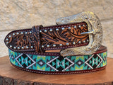 Honey Hand-Tooled Leather Artesanal Tabs With Silver Studs Green & White Beaded Belt