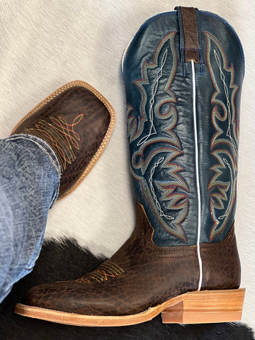 Men’s Brown Bull Hide Leather Boots With Dark Blue Shaft