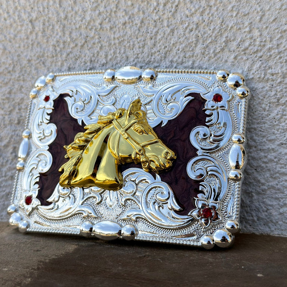 Brown and Silver Plated Buckle With Gold Horse Head – Texas Boot Ranch