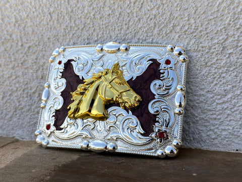 Brown and Silver Plated Buckle With Gold Horse Head