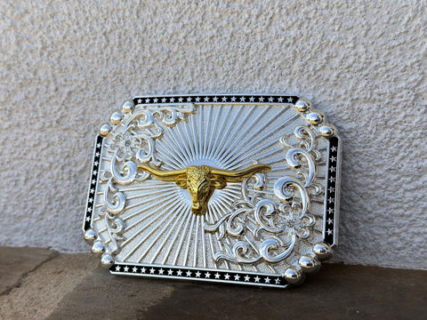 Silver Plated Buckle With Gold Longhorn