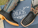 Men’s Black Matte Python Leather Boots With Navy Blue Shaft