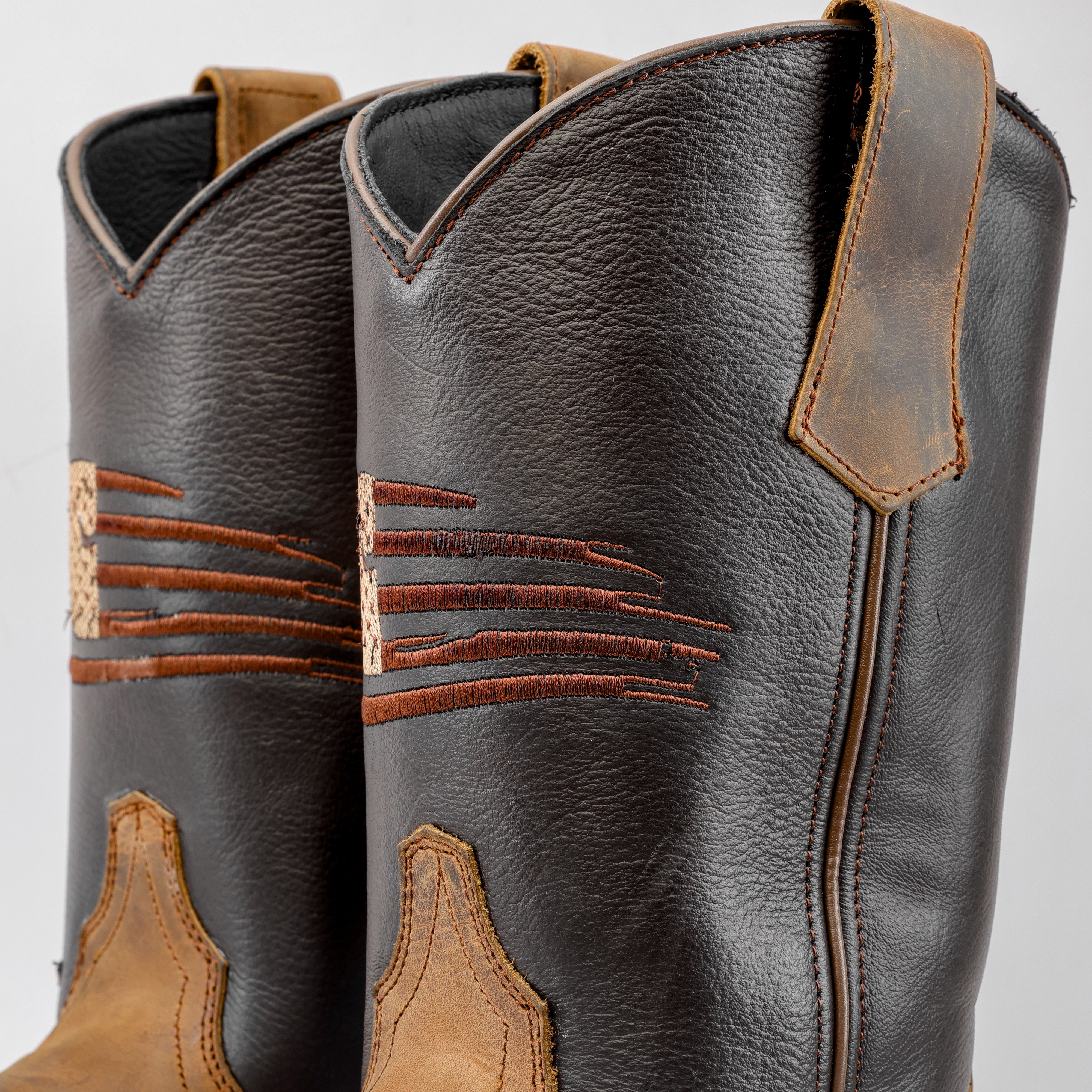 Distressed Brown “American Flag” Leather Work Boots - Square Toe