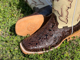 Men’s Brown Hand-Tooled Leather Boots With Rooster/Cream Shaft