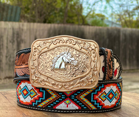 Hand-Tooled Artesanal Tabs With Aztec MultiColor Beaded Leather Belt (Read Description Before Ordering)￼