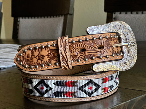 Tan Hand-Tooled Artesanal Tabs With Silver Studs White & Black Beaded Leather Belt