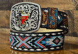 Hand-Tooled Artesanal Tabs With Multicolor Beaded Leather Belt ( Read Description Before Ordering)