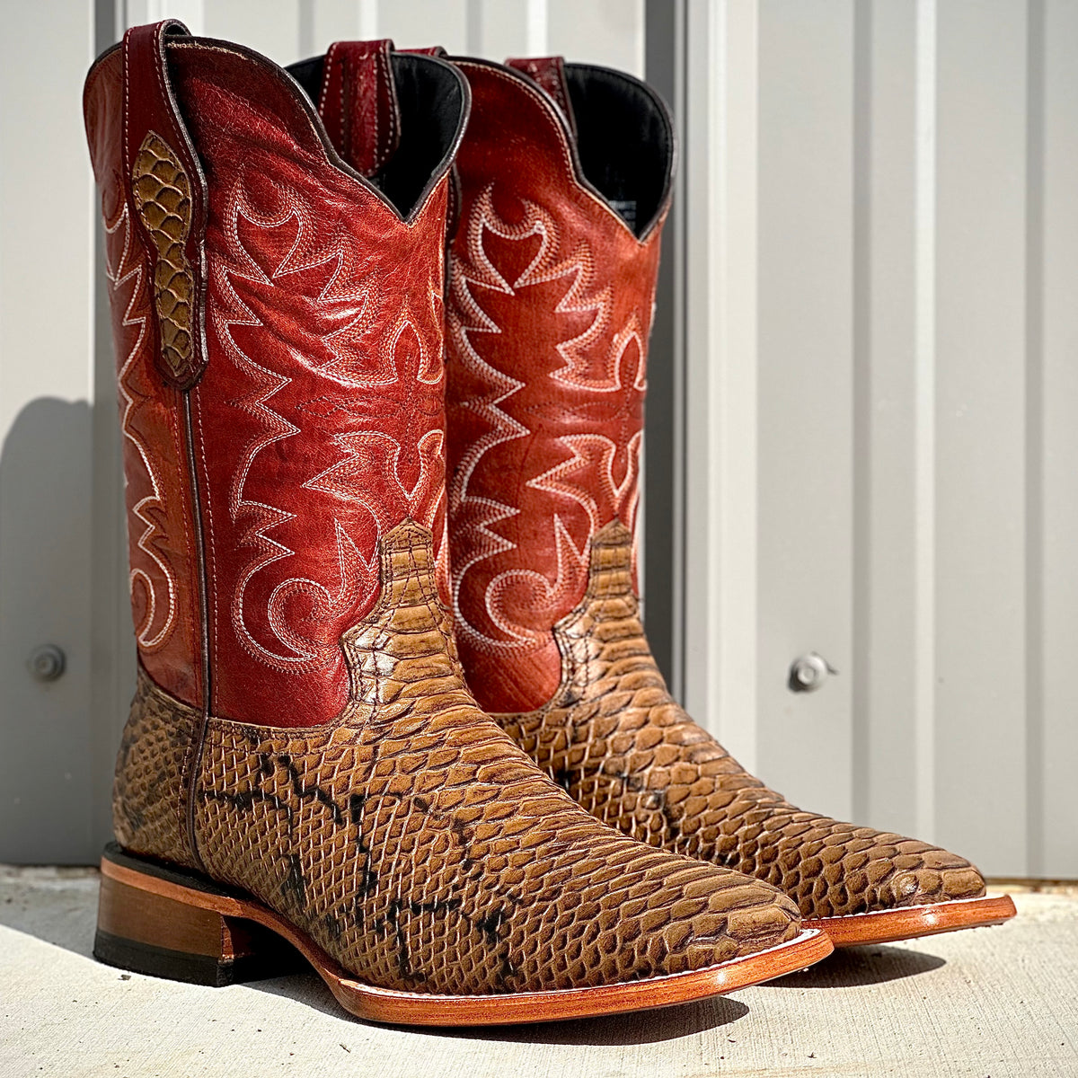 Men’s Honey Python Leather Boots With Red Shaft – Texas Boot Ranch