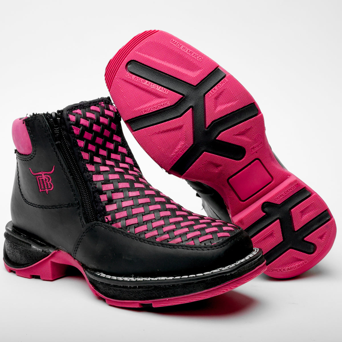 Black/Pink Basketweave Leather Botin With 3D Lightweight Soles - Squar ...