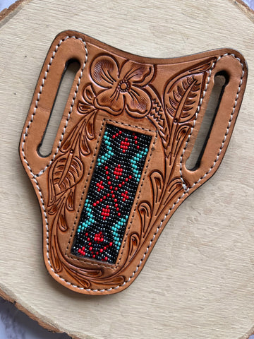Honey Hand-Tooled With Black, Red and Green Beaded Knife Sheath