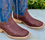 Men’s Chocolate Brown Ostrich Leather Boots With Blue Shaft