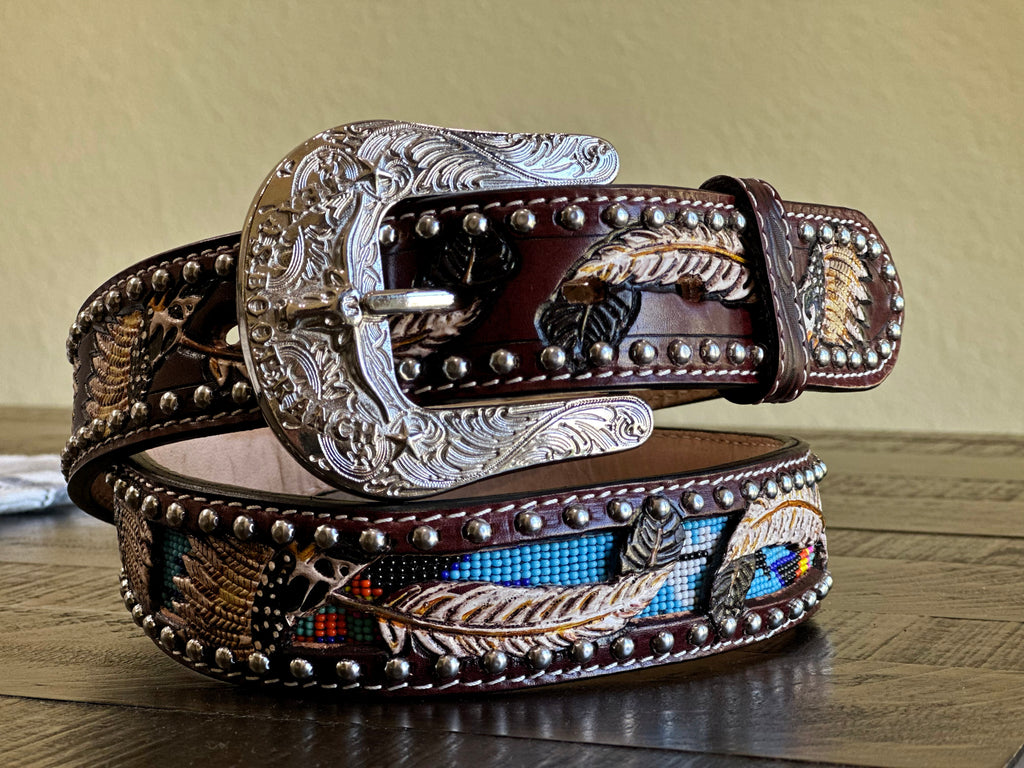 Tooled leather belts, Tooled Feather Belts, Hand Tooled Feather Belts