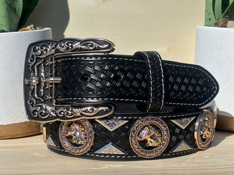 Men’s Black Leather Belt With Horse Concho