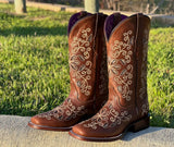 Women’s Brown Leather Boots With Gold Floral Inlay