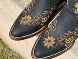 Women’s Black Leather Boots With Brown and Gold Floral Embroidery
