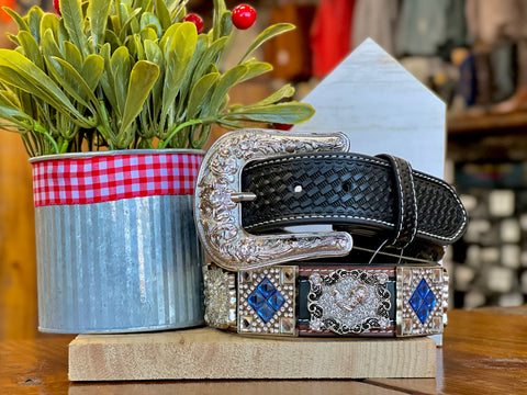 Western Black And Brown Leather Belt With Blue Rooster Rhinestones