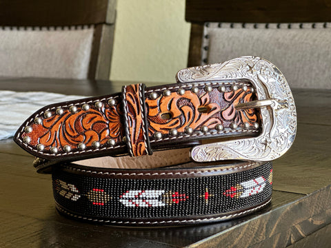 Black & Cognac Hand-Tooled Artesanal Tabs With Silver Studs Black Beaded Leather Belt