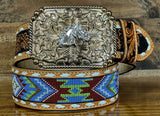 Hand-Tooled Artesanal Tabs With Multicolor Beaded Leather Belt ( Read Description Before Ordering)