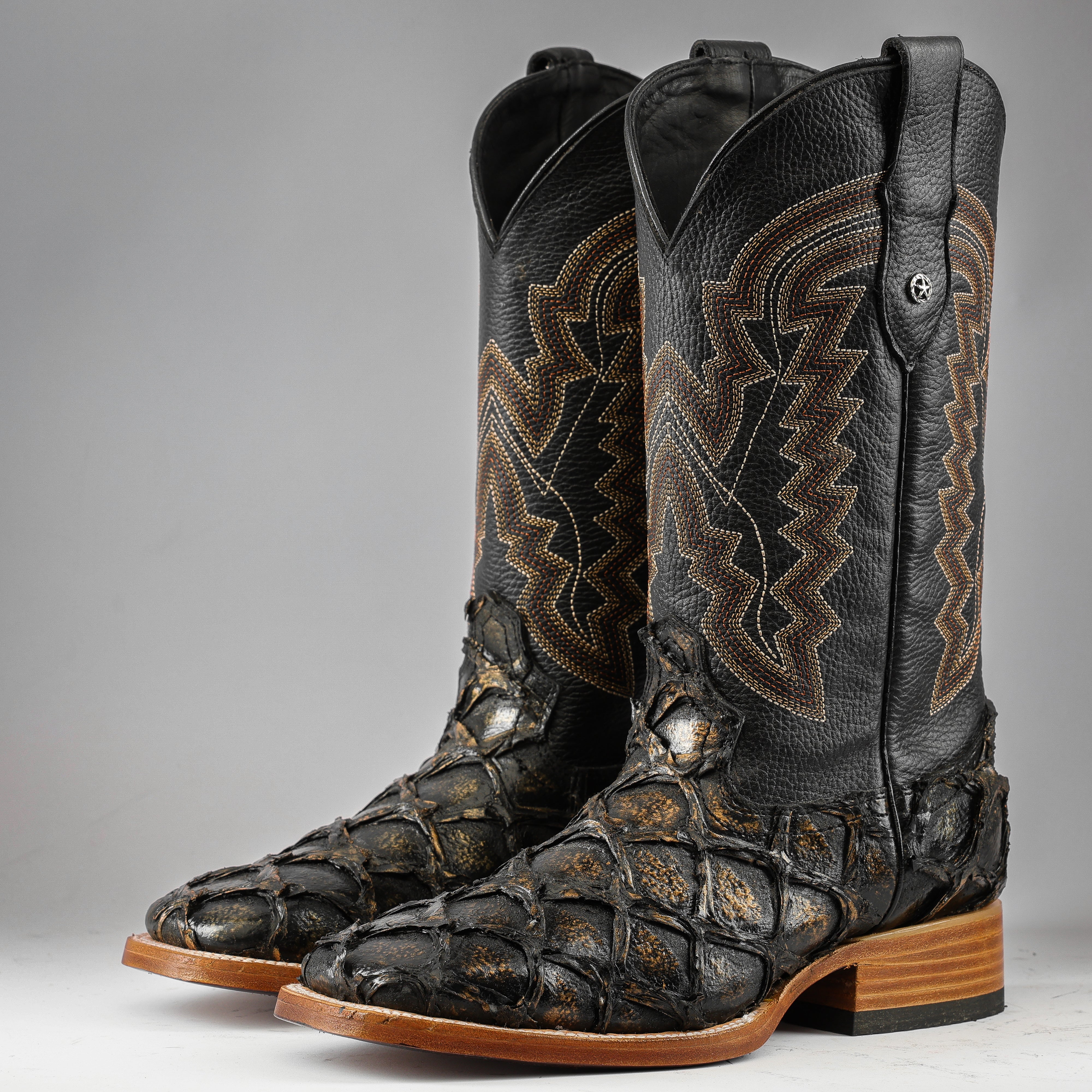 Black/Gold Jumbo Pirarucu Leather Boots - Square Toe – Texas Boot