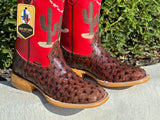 Men’s Cognac Ostrich Leather Boots With Red Shaft