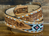 Hand-Tooled Artesanal Tabs With Black, Red and White Beaded Leather Belt ( Read Description Before Ordering)
