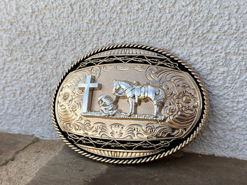 Praying Cowboy Black and Gold Plated Buckle