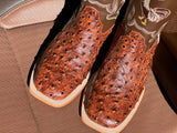 Men’s Cognac Ostrich Leather Boots With Brown Shaft & Rooster Embroidery