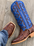 Men’s Cognac Hand-Tooled Leather Boots With Blue Shaft