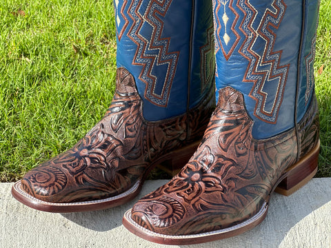 Mens Brown Hand-Tooled Leather Boots With Blue Shaft