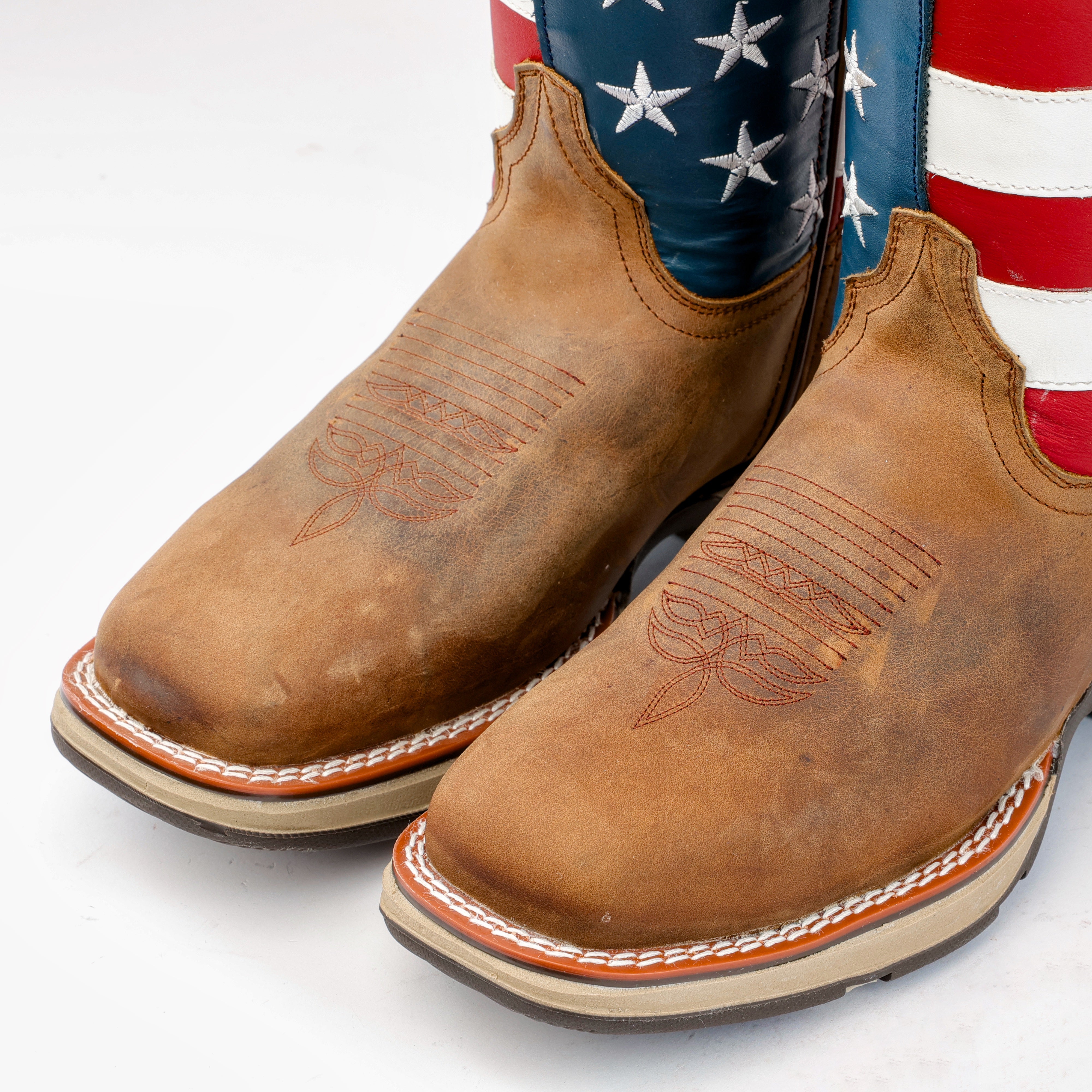 Tan Whiskey USA Flag Leather Work Boots - Composite Toe – Texas