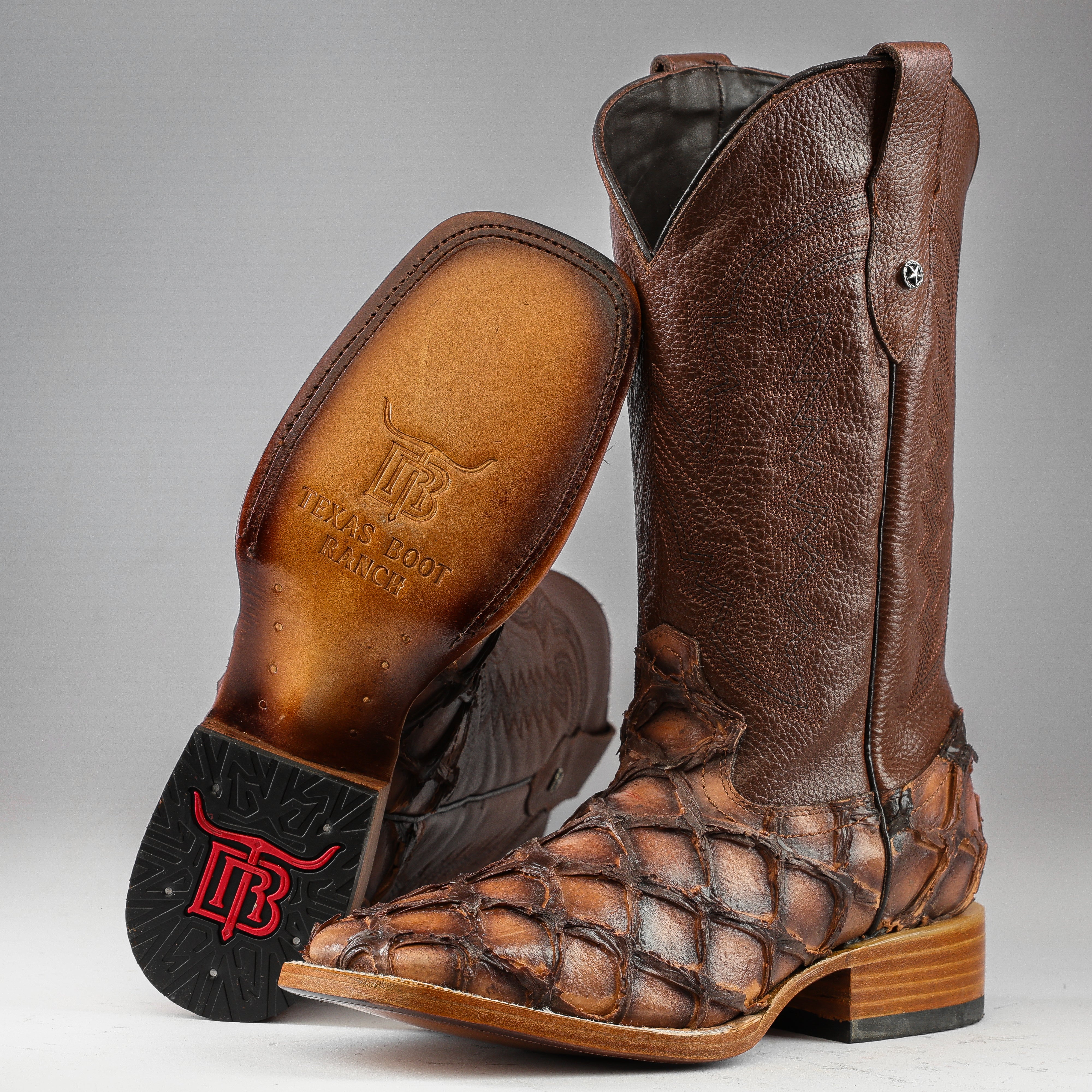 Cognac Jumbo Pirarucu Leather Boots - Square Toe – Texas Boot Ranch