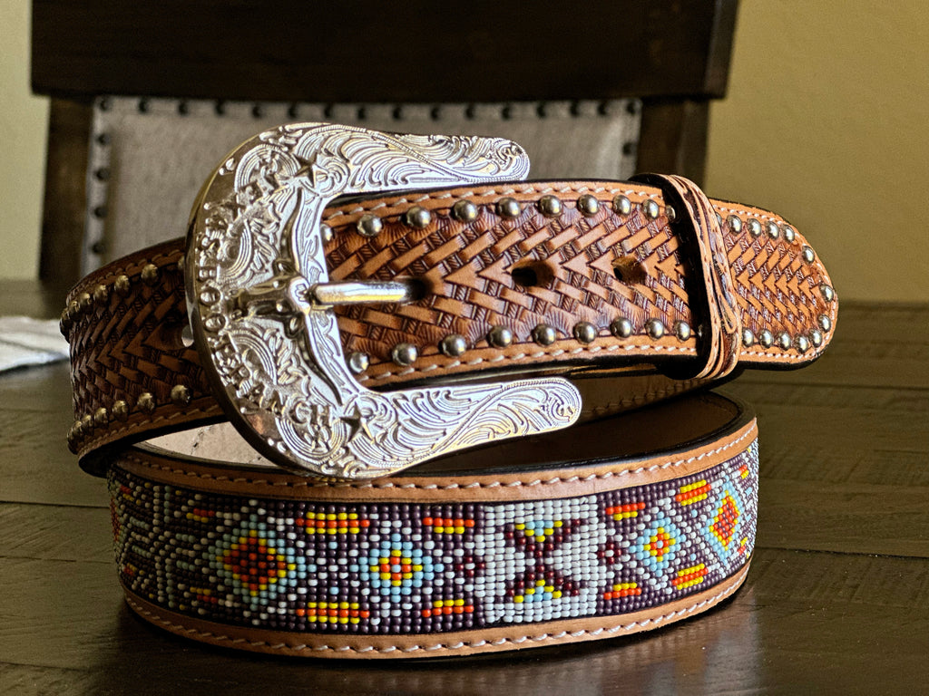 Tan Artesanal Tabs with Silver Studs. Multi Color Beaded Leather Belt. 42