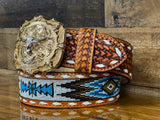 Hand-Tooled Artesanal Tabs With White and Light Blue Beaded Leather Belt ( Read Description Before Ordering)