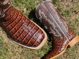 Men’s Cognac Crocodile Horn-Back Leather Boots With Brown/ Rooster Shaft