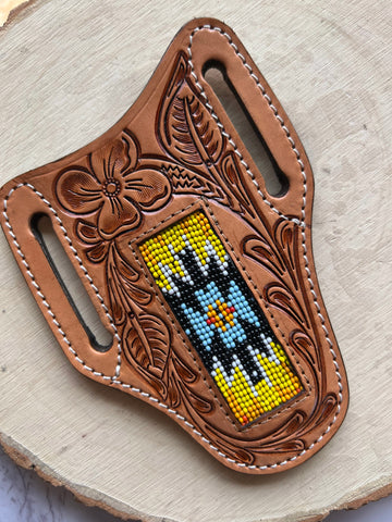 Honey Hand-tooled With Yellow and Black Beaded Knife Sheath