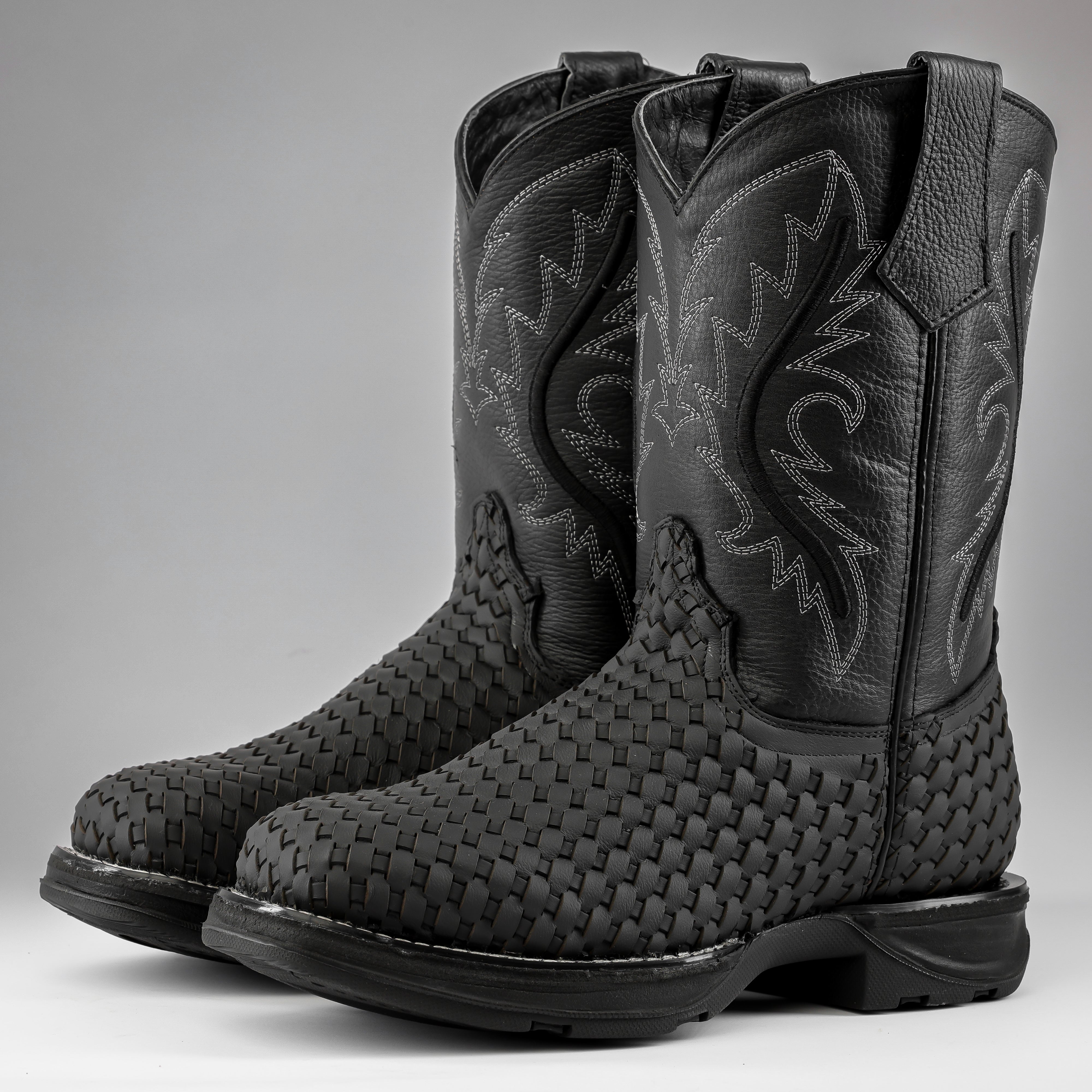 Black Basketweave Leather Boots With 3D Lightweight Sole - Square