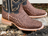 Men’s Rustic Brown Caiman Back Leather Boots With Black Shaft