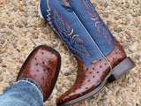 Men’s Cognac Ostrich Leather Boots With Blue Shaft