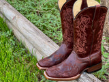 Women’s Wine Leather Boots With Floral Embroidery