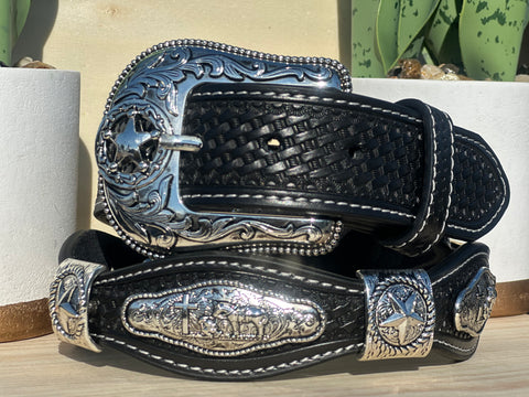 Men’s Black Leather Belt With Praying Cowboy Concho