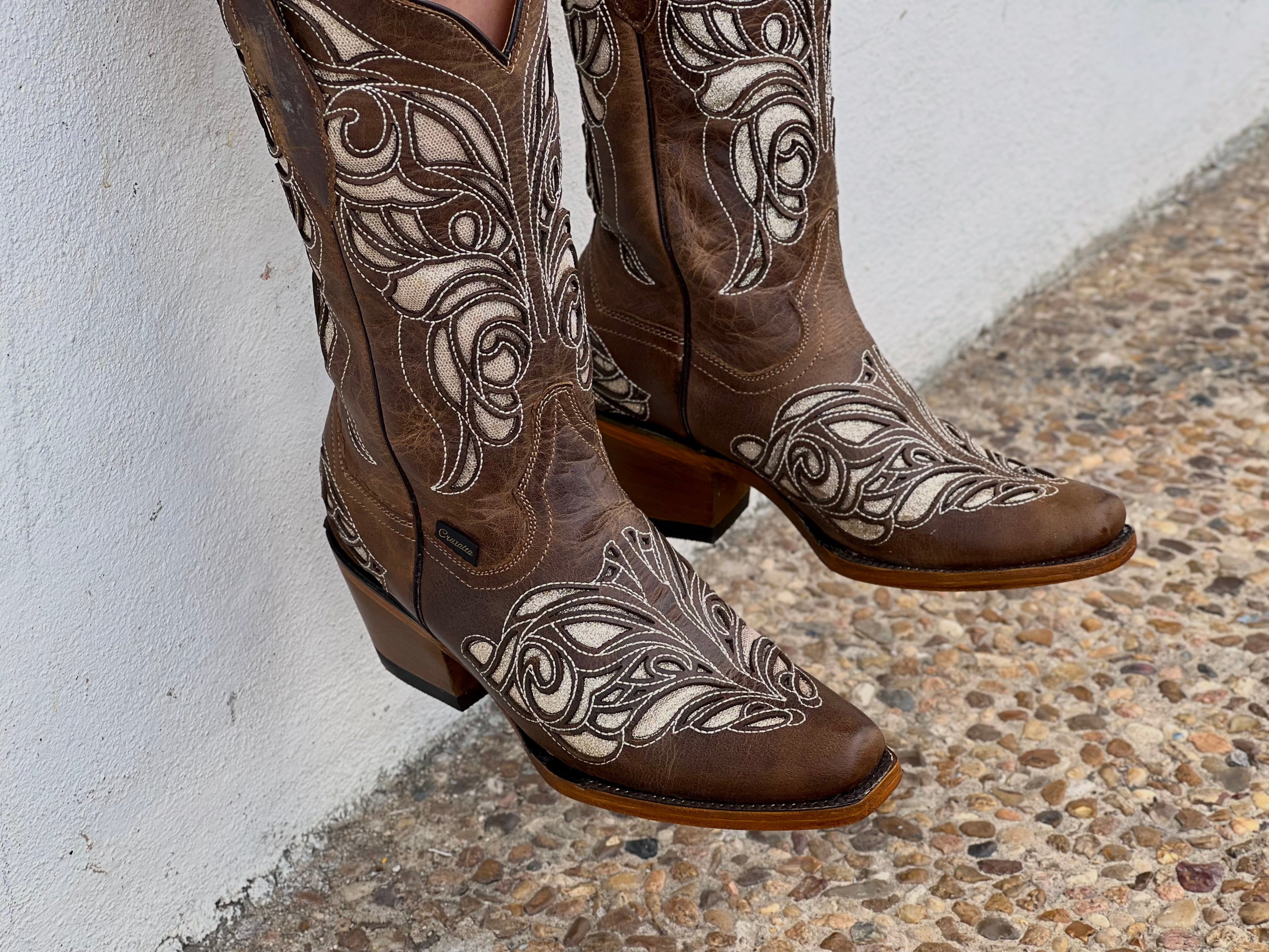 Women s Brown Leather Boots With Gold Glitter Inlay