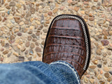 Men’s Brown Crocodile Horn-Back Leather Boots With Orange Shaft